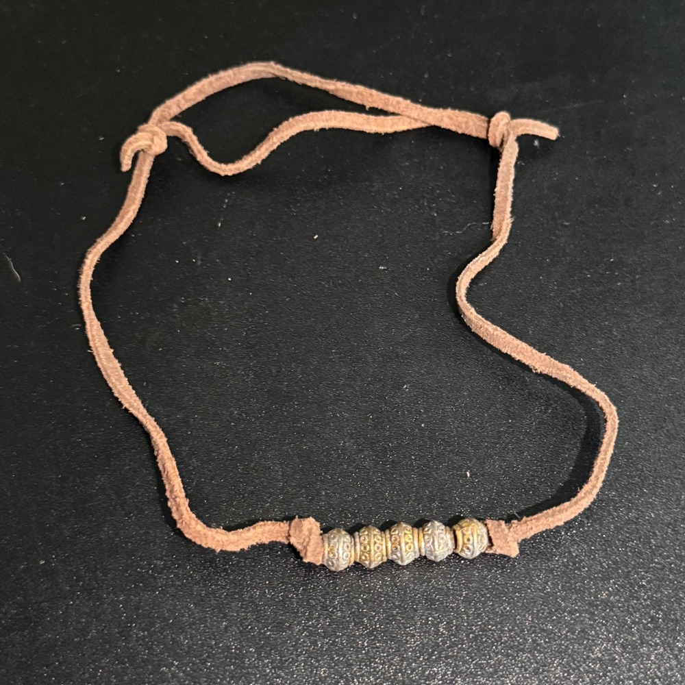 Vintage Brown Suede Cord Necklace with Ornate Silver and Gold Tone Beads